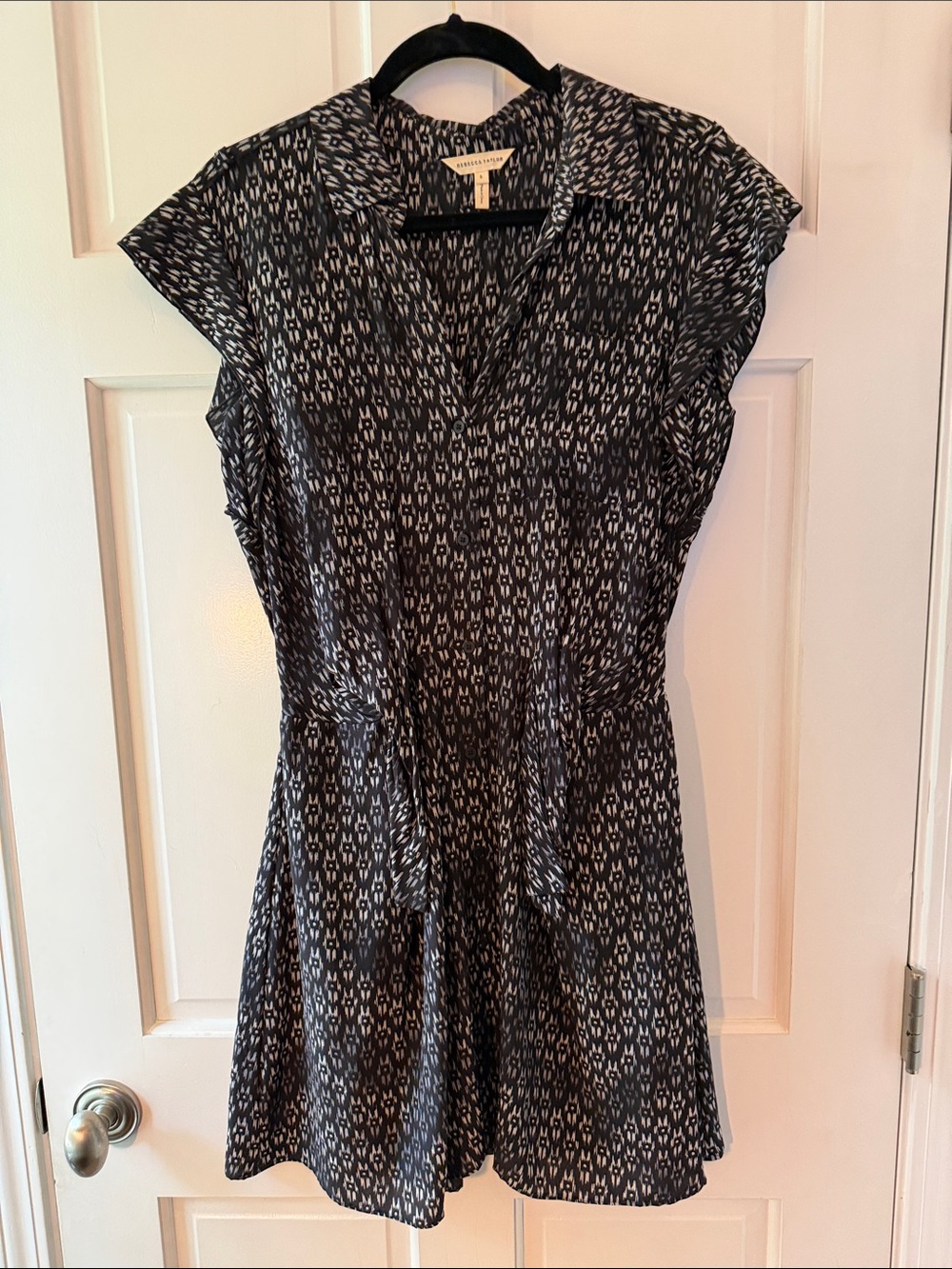 Rebecca Taylor Black & White Printed Cap-Sleeve Mini Dress
